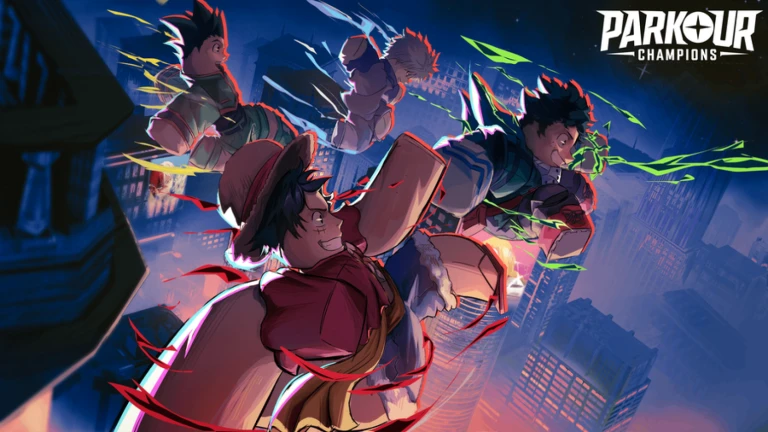Anime Parkour Champions gameplay featuring anime heroes racing through futuristic cityscapes